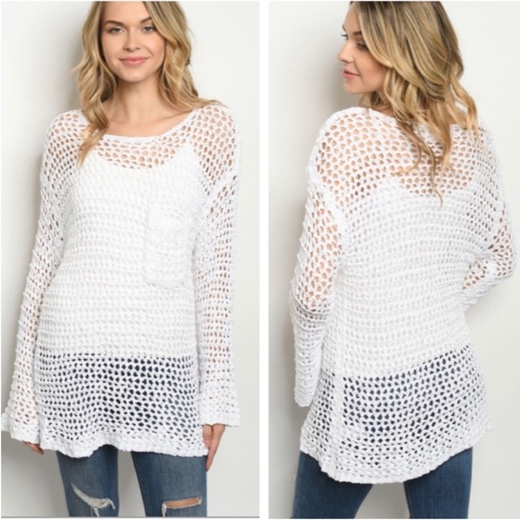 Sweaters - White Open Weave, Bell Sleeve Sweater